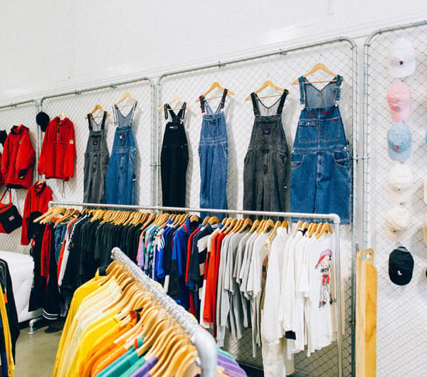 Denim overalls and hats on a wall at Emporium Vintage Boutique Wellington.