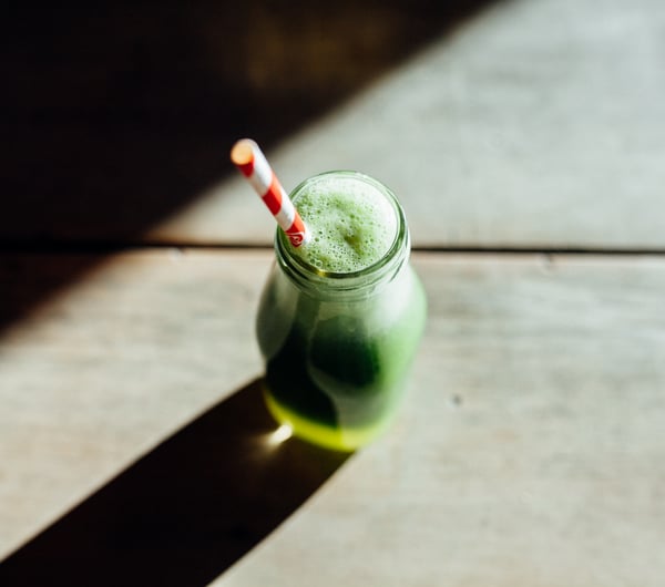 A green juice on a table at Dose Diner Christchurch.