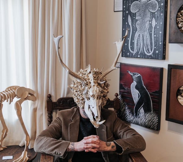 Bruce Mahalski wearing a skull on his head.