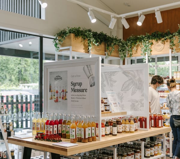 Barker's syrup bottles on display at Barker's Foodstore and Eatery, Geraldine.