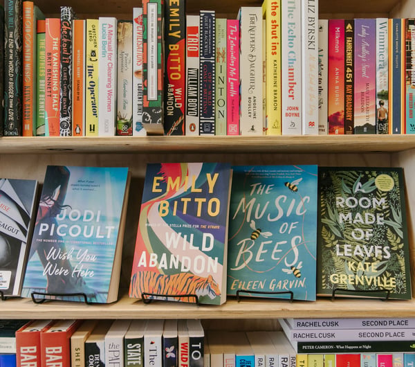 Close up of modern fiction for sale at Bay Hills Books in Timaru, New Zealand.