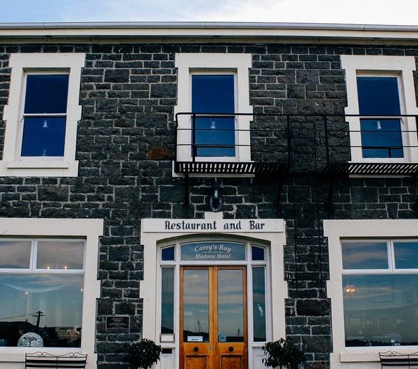 Stone exterior of the hotel.