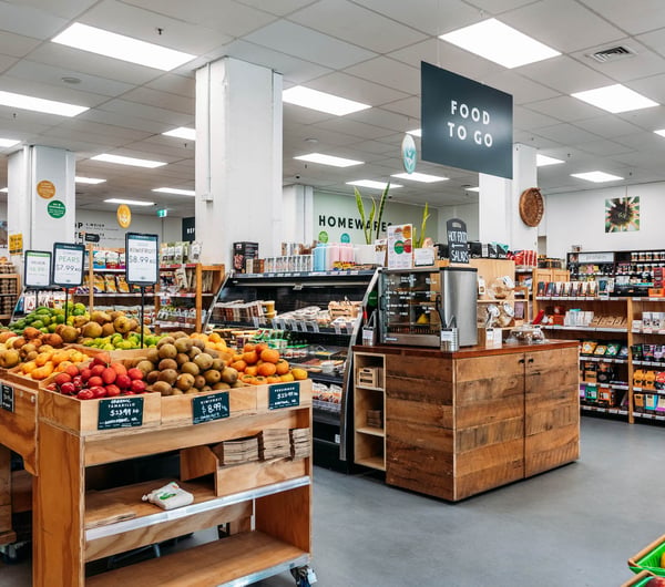 Aisles of pantry items below sign that reads "Food to go" at Commonsense on Tory Street in Wellington
