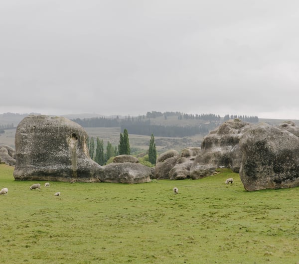 View of Elephant Rocks in the Waitaki Whitestone Geopark.