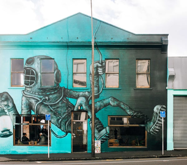 Malarky artwork on the exterior of Escape Coffee Roasters, New Plymouth.