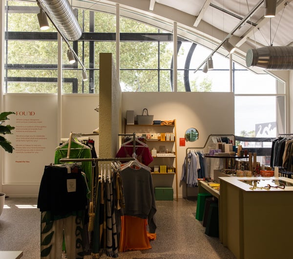 Wide view of clothing on display at FOUND.