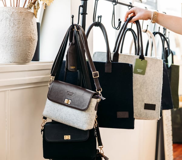 Bags hanging up at Honest Wolf in Rangitikei.