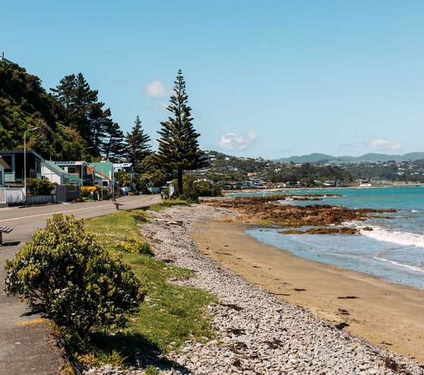 Looking across the sand covered bay where there are tree covered hills next to the beach.