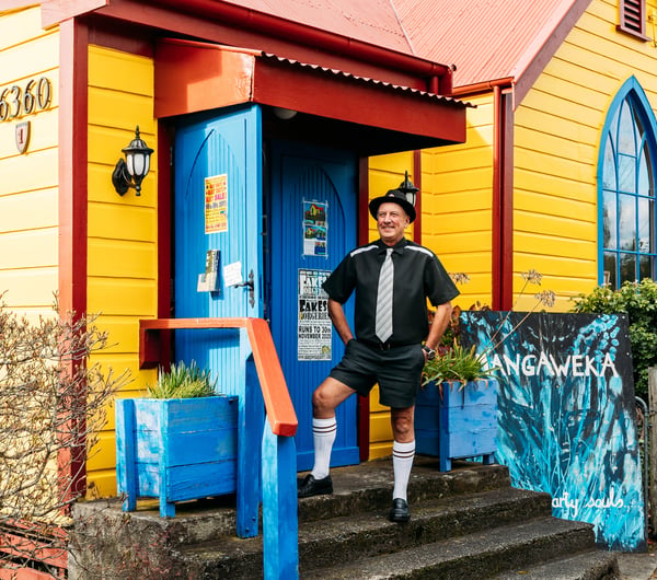 A man posing outside Mangaweka Gallery in Rangitikei.