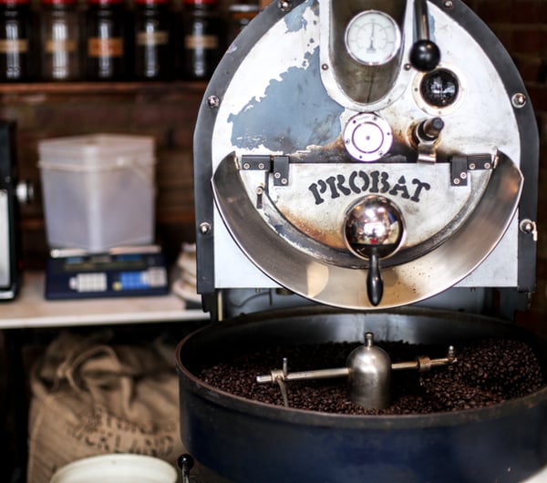 Silver metal coffee roaster in Mazagran Espresso Bar,