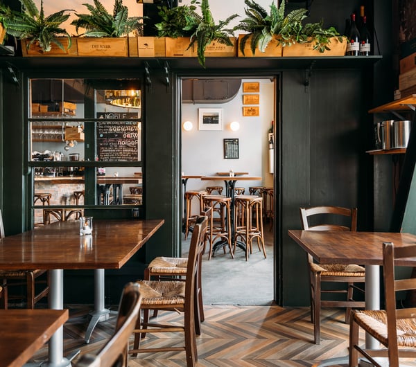 A seating area inside Noble Rot wine bar in Wellington.