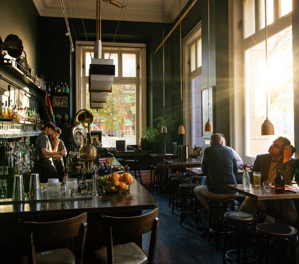 Sunlight streaming through OGB's speakeasy-style bar in Christchurch