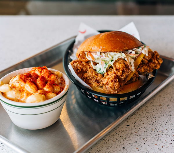 Chicken burger and side from Peach's Hot Chicken, Auckland.