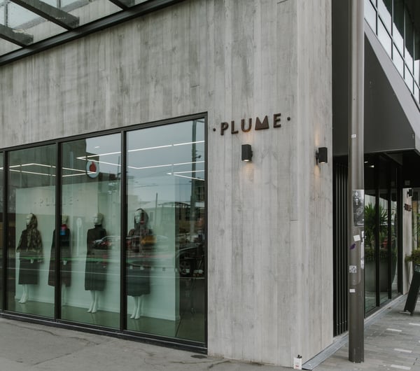 The exterior and entrance to the PLUME clothing store in Christchurch.