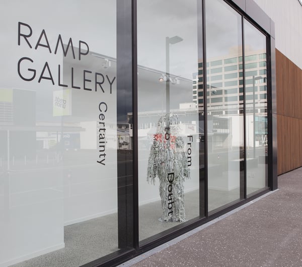 The outside display window at Ramp Gallery, Hamilton.