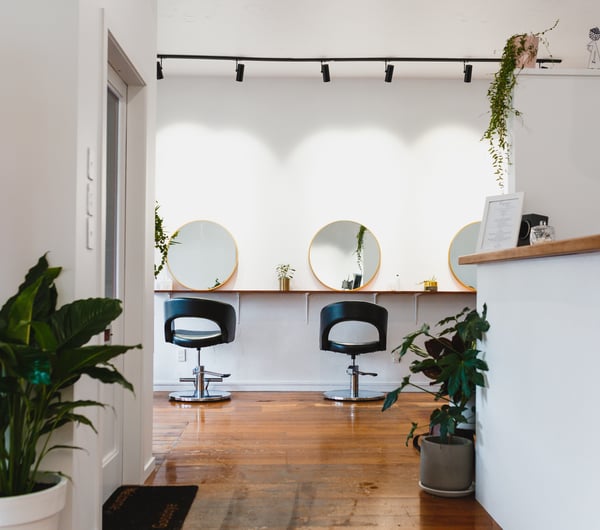 Greenery and wood floors at Refuge Hair Boutique, Wellington.