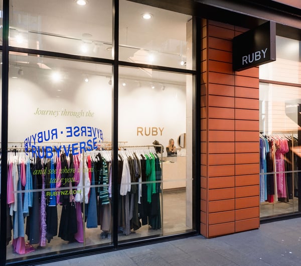 The full-height windows of the exterior of Ruby store in Christchurch.