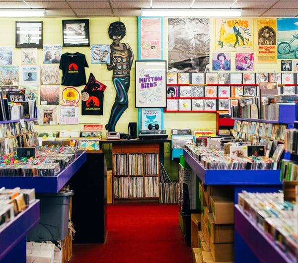 View of inside the store at Slow Boat Records, Wellington.