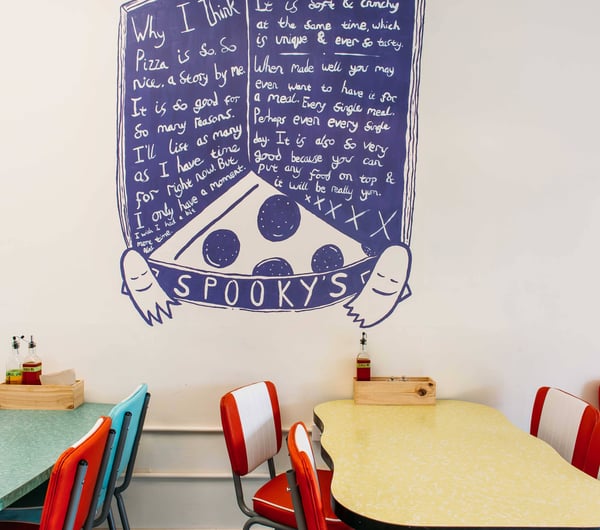 A fun looking menu surrounded by illustrated ghosts on a wall at Spooky's Hastings.