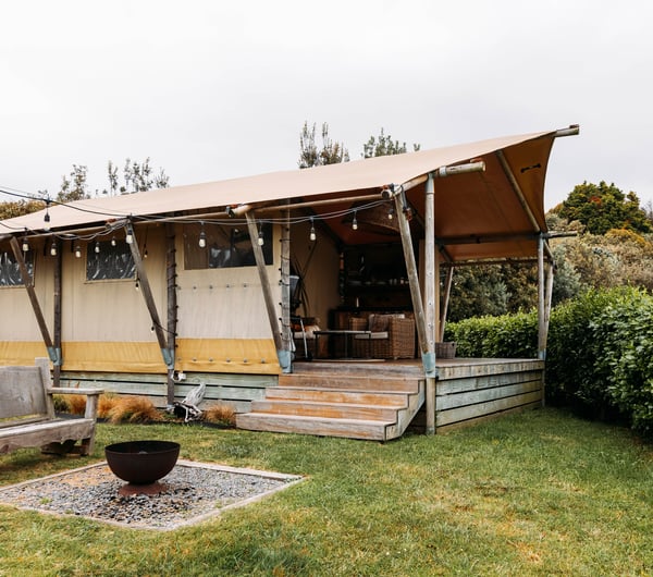 Exterior view of Te Hāpua Coastal Glamping.