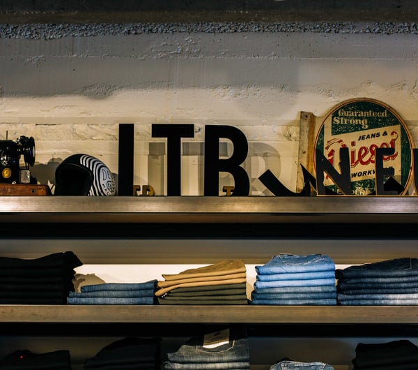 Jeans folded on shelves.