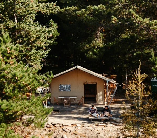 A small cabin nestled in bushes.