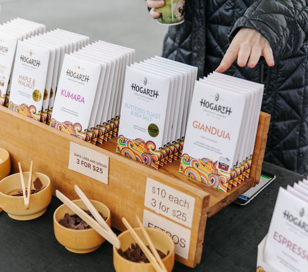 Hogarth chocolates on stall at The Nelson Market, Nelson.