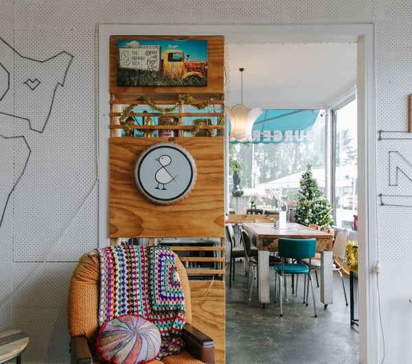 The kitschy interior of The Running Duck cafe in Geraldine.