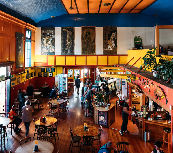 A view of the colourful Wholemeal Cafe from above.