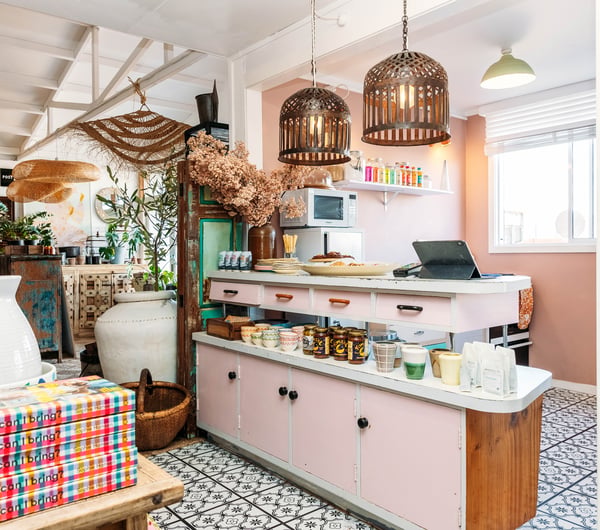 A pink cafe counter inside The Workshop Gisborne.
