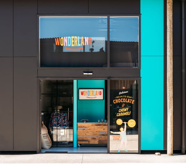 Wider view of the exterior of Wonderland Chocolate.