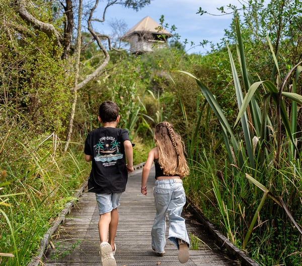 Two children running on the boardwalk in and amongst native bush.