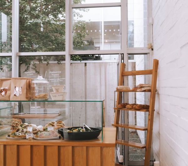 Bread, sandwiches and salads in the cabinet in Little Rosie.