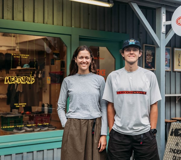 Portrait of Alice & Fionn outside Heatwave store in Wānaka
