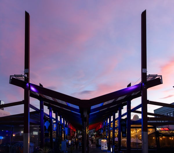 An outdoor dining area at dusk.