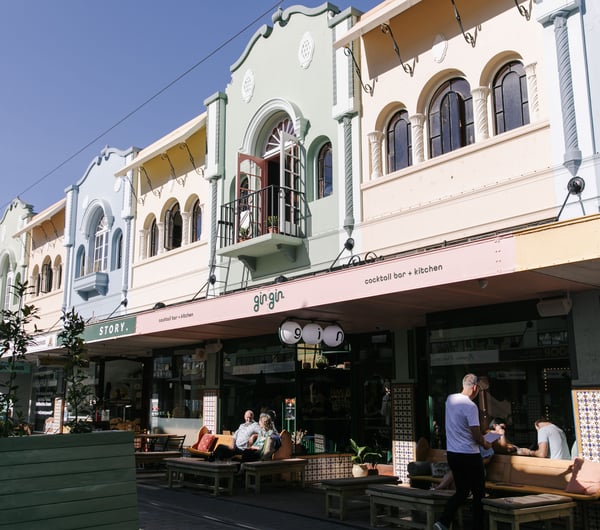 The colourful facades on New Regent Street on a sunny day.