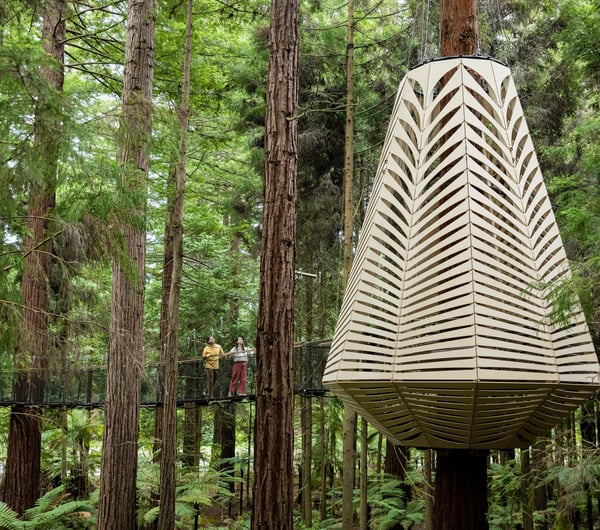 Two people standing on bridge looking at lantern sculpture at the Redwoods tree walk during the day