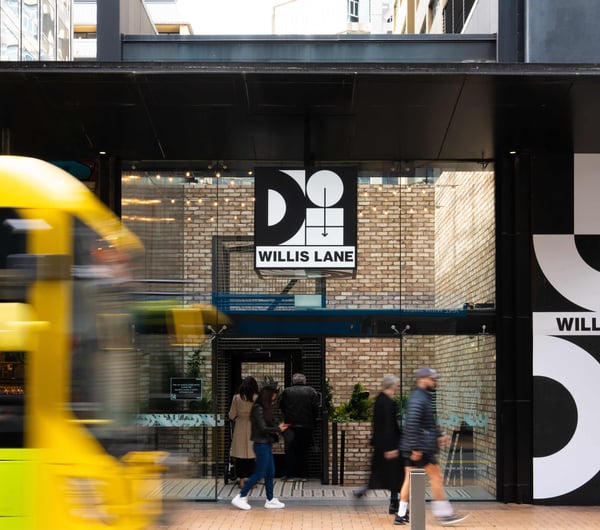 The black and white entrance to Willis Lane in Wellington.