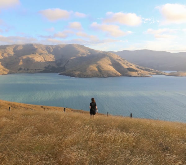 A woman walking on a hill with the ocean in the background.