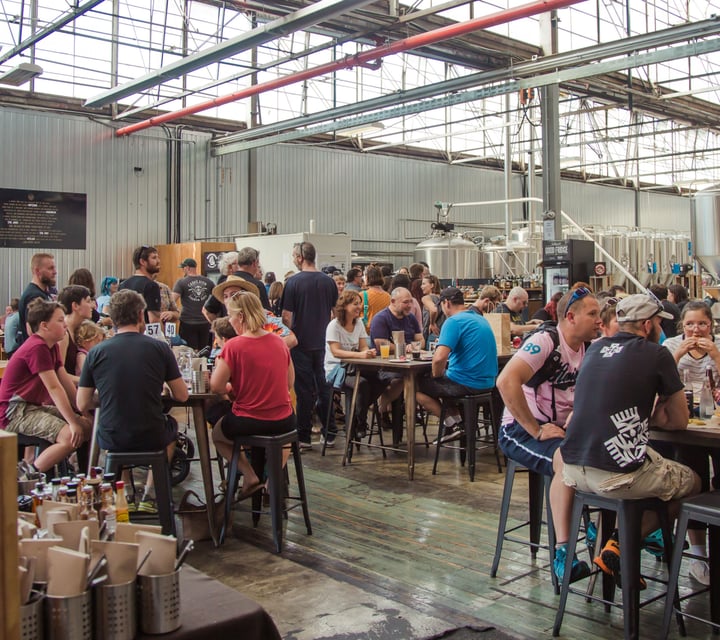 Full of people eating and drinking at Brewtown.