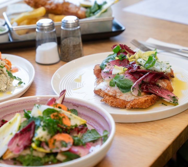 Plates of food on a table.