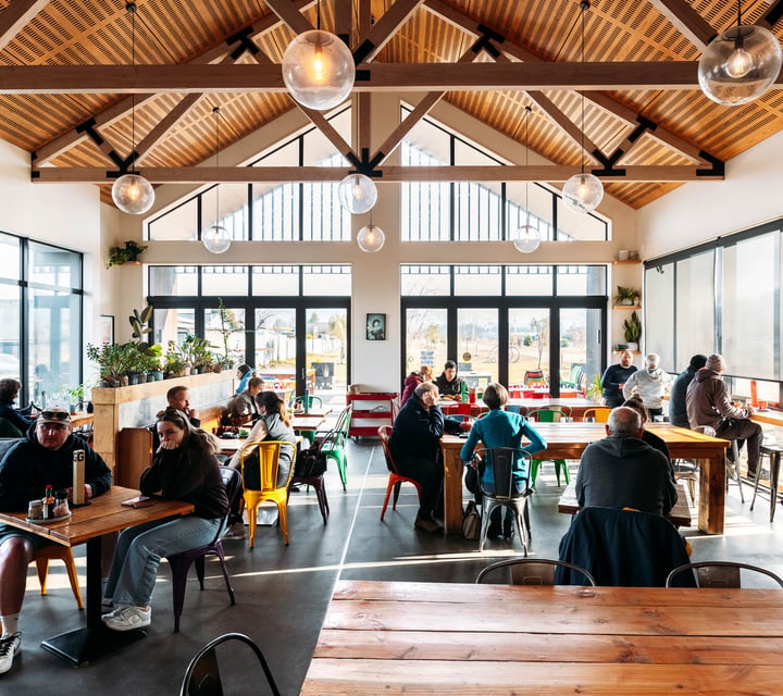The large sunny interior of Industry Lane Cafe Alexandra Central Otago.