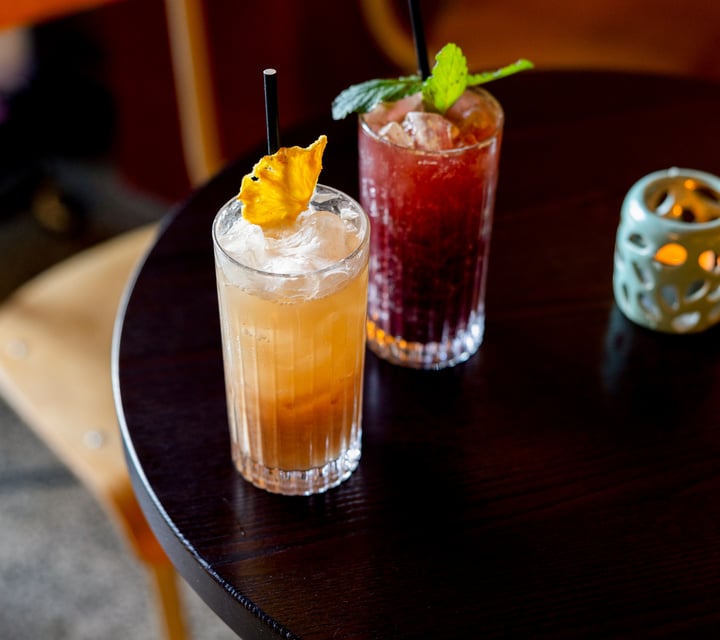 Close up of two bright cocktails in a tall glass with mint and dried fruit garnishes