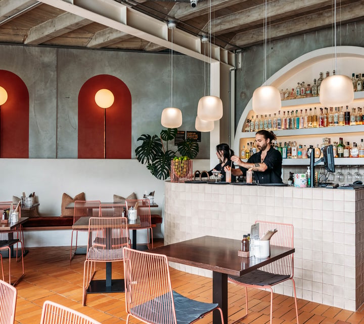 Two bartenders stand behind the bar area at Paloma.