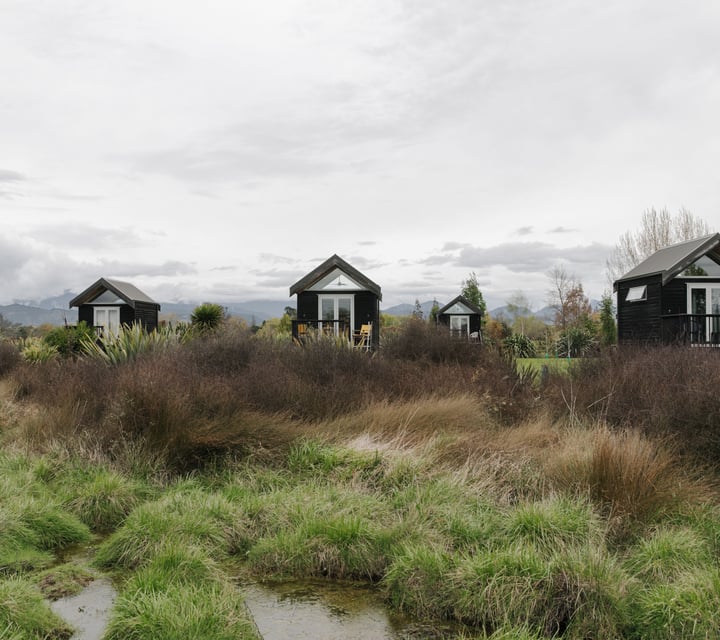 Looking across green and brown tussocks where there are 4 huts.