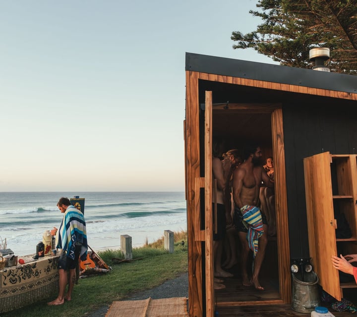 People existing the Secret Sauna in Gisborne.