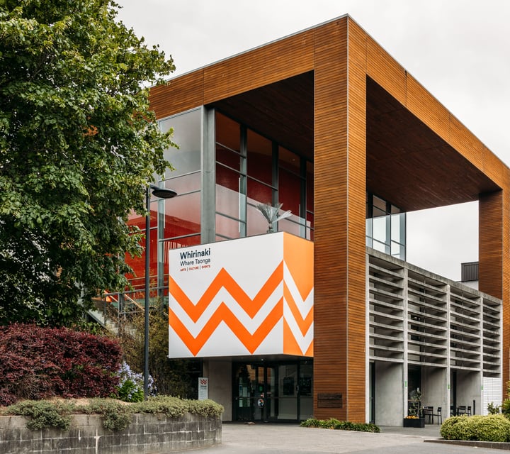 The large imposing exterior of Whirinaki Whare Taonga in Upper Hutt.