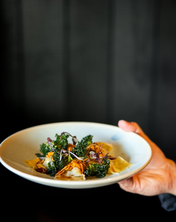 A hand holding a plate of food.