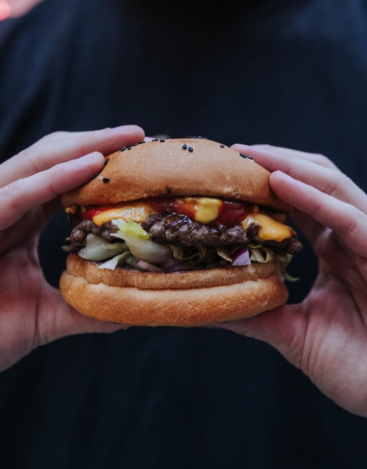 Close up of a burger.