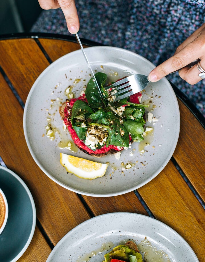 A flatlay of food and coffee at Local Authority cafe.